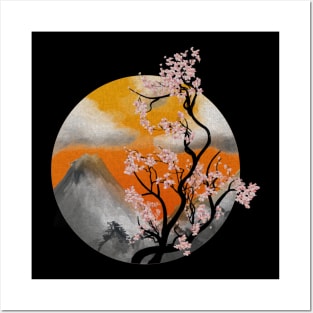 Japanese cherry tree watercolor painting with mountains Posters and Art